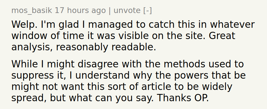 A comment from mos_basik acknowledging the suppression, saying they understand why the powers that be might not want the article widely spread.